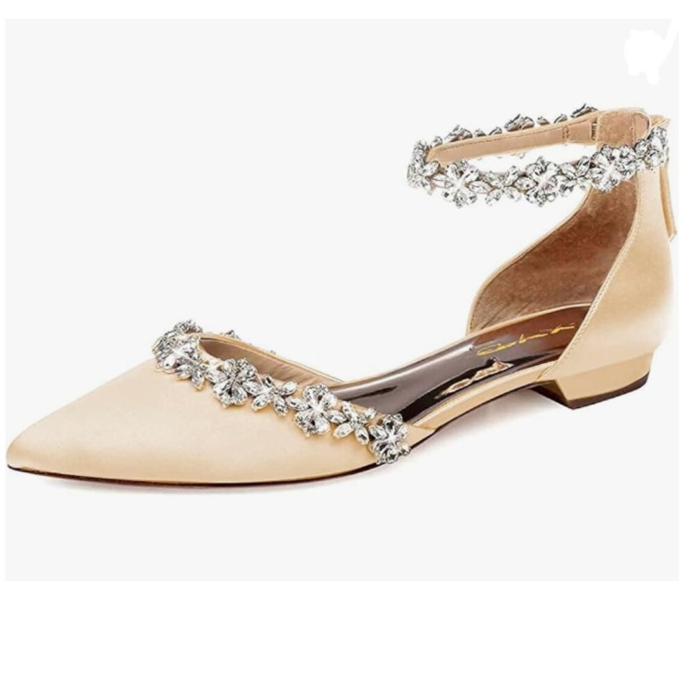 XYD Moccasin Pointed Toe D'Orsay Sparkly Rhinestones Ankle Strap Wedding Sandals